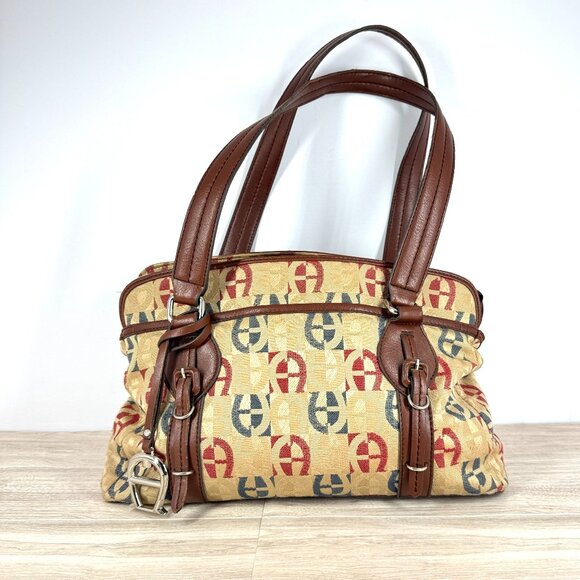 Etienne Aigner Monogram Canvas Shoulder Tote Brown Faux Leather Trim - Picture 1 of 16